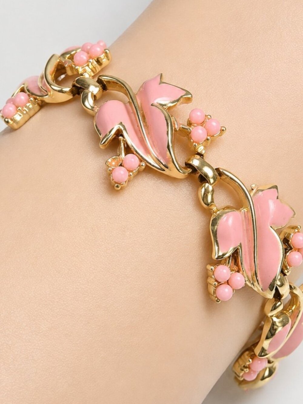 Vintage Coro Pink Thermoset Bracelet Leaf Floral Link MCM 1950s 60s - Picture 2 of 12